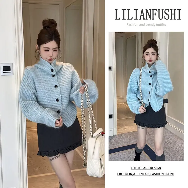 时尚穿搭2025秋冬新款设计感宽松纯色长袖针织开衫显瘦短裙两件套