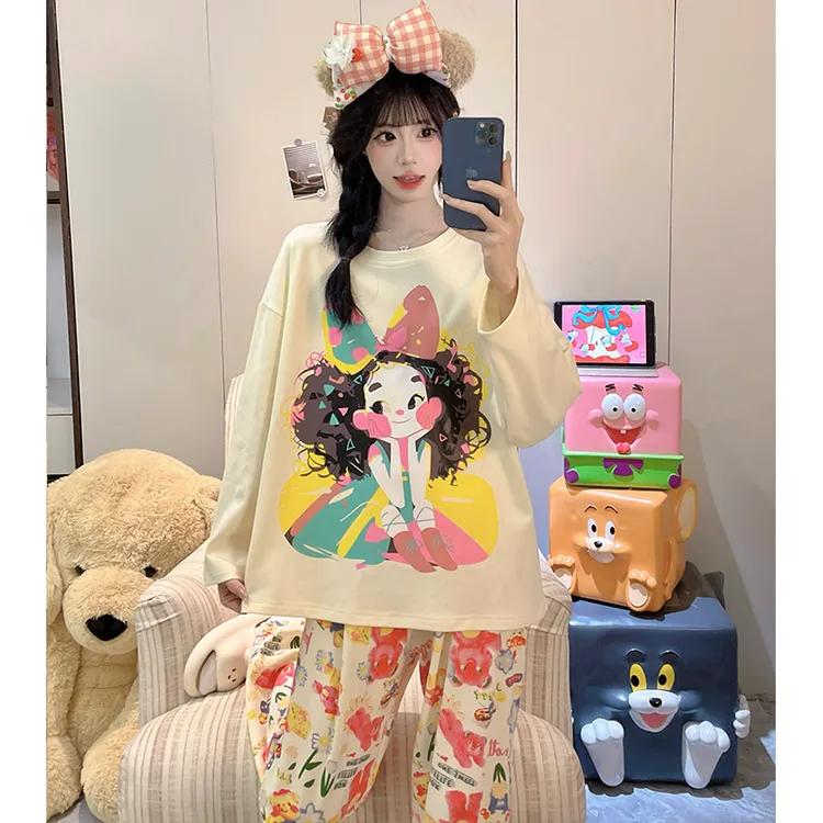 芯语婷春秋季新款蝴蝶结女孩女睡衣长袖甜美可爱家居服套装可外穿