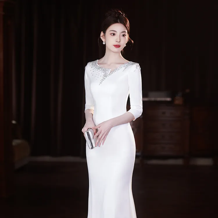 秋冬新款长袖高腰纯色公主裙法式风格成人晚礼服长裙简单大方