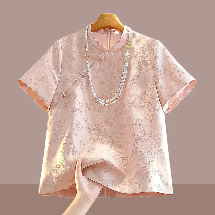 改良新中式旗袍上衣女2025夏季短袖复古斜襟中国风立领提花衬衫潮