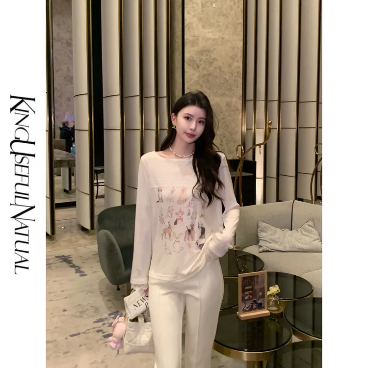 KUN【小狗派对】韩系少女风 童趣感小狗印花蕾丝秋冬内搭上衣