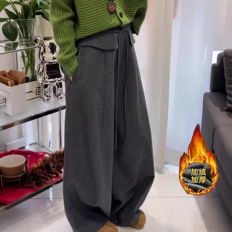 【加绒】毛呢阔腿裤女2025秋冬新款韩系复古垂感阔腿裤显瘦休闲裤