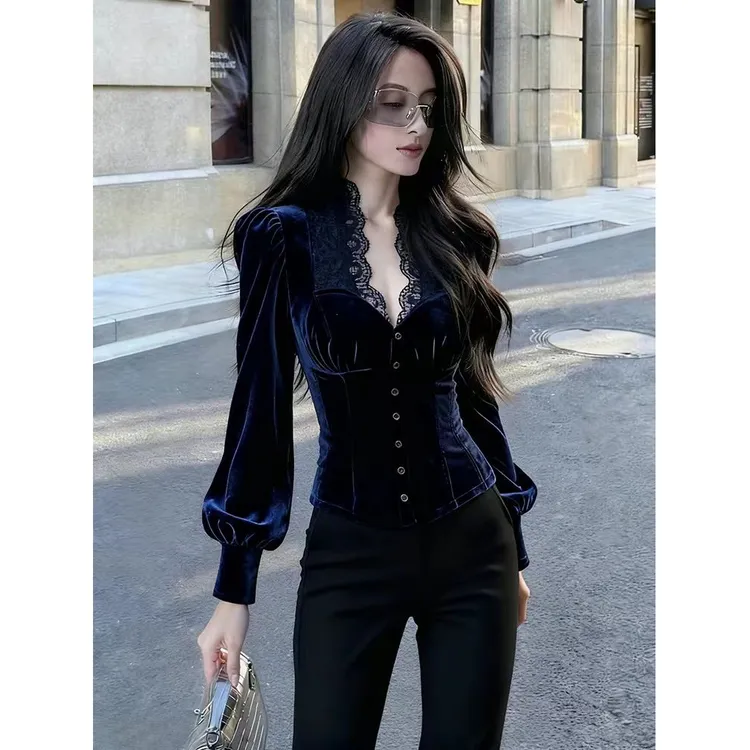 蓝色丝绒衬衫女高级感轻奢减龄洋气独特漂亮法式奢华高端上衣早秋