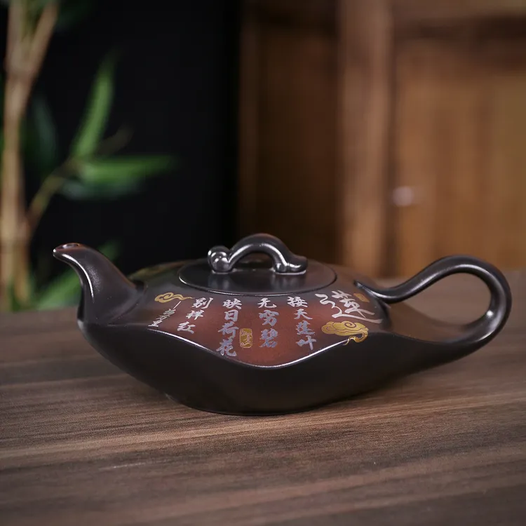 紫陶水云间爱莲凤鸣壶烫金贴花大容量家用中式复古紫砂壶-400毫升