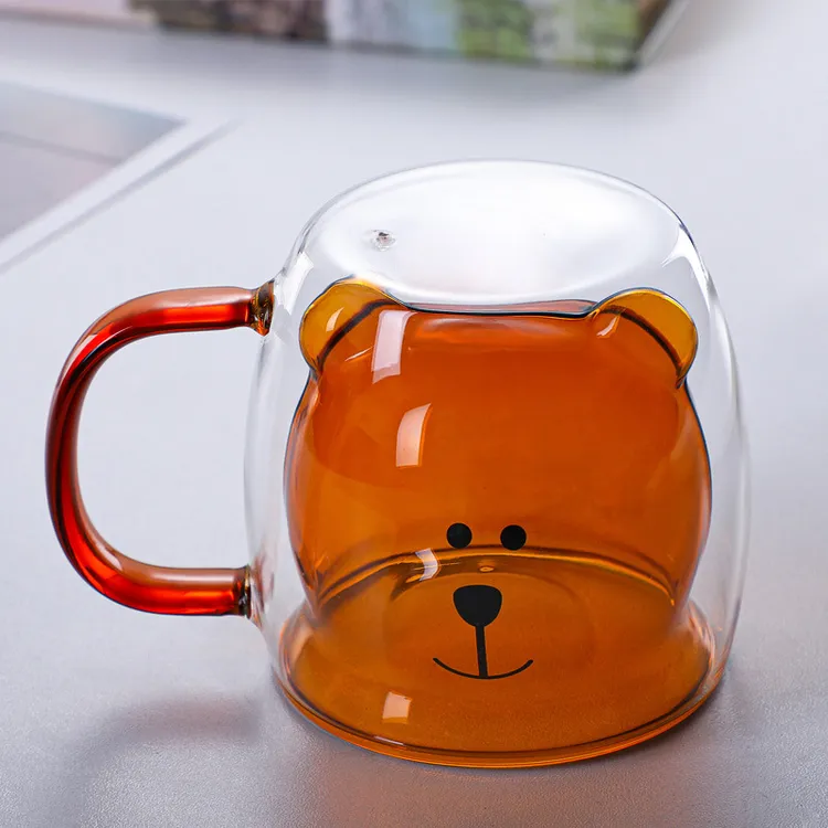 牛奶杯咖啡玻璃杯小熊杯杯子带把透明卡通喝水杯果汁杯家用双层