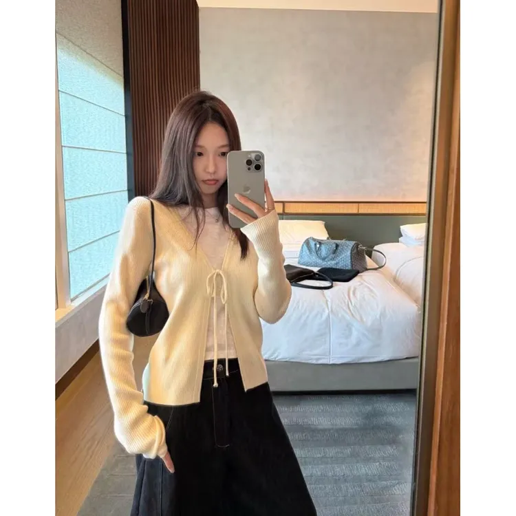 v领针织系带开衫女韩系上衣25秋款D605