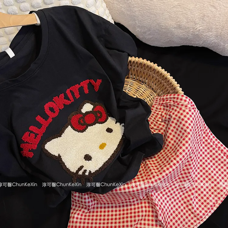 纯棉格子甜美可爱睡衣女款夏季短袖短裤圆领卡通猫咪家居服套装