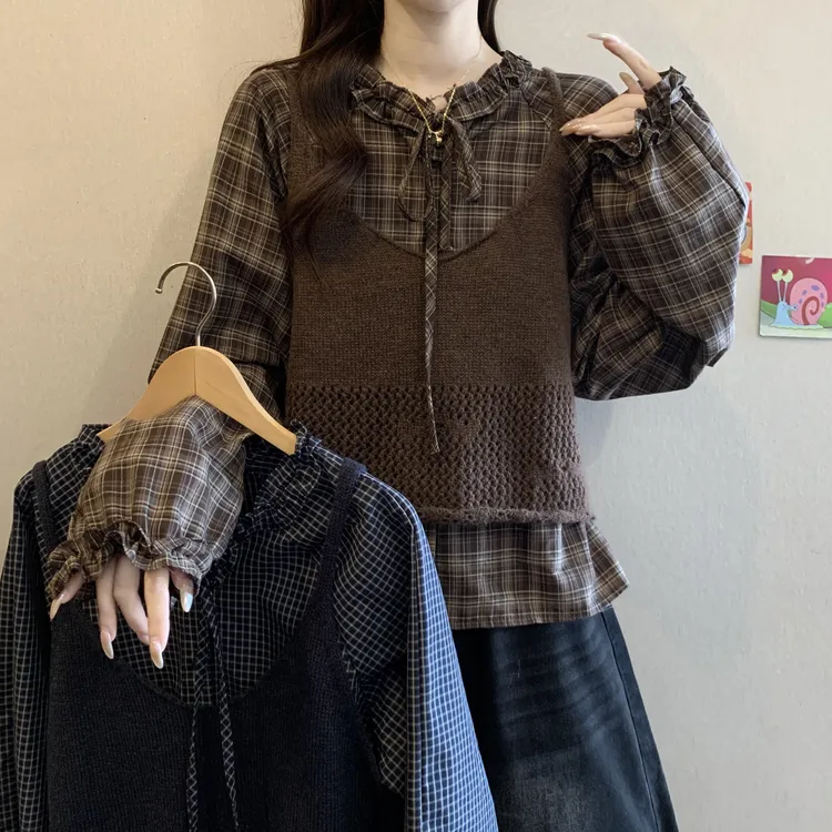 大码胖mm木耳边格纹长袖衬衣女秋季新款镂空针织背心吊带两件套