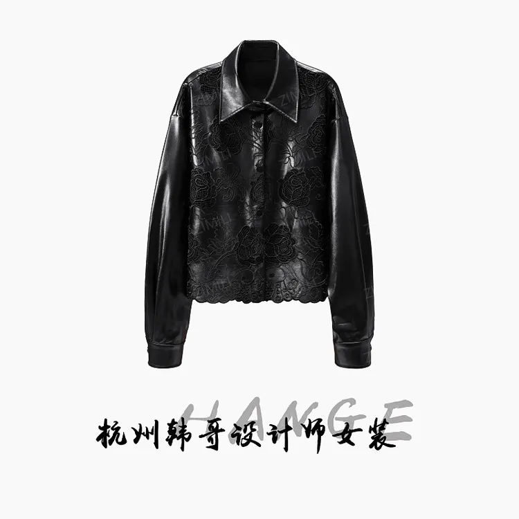 【韩哥女装】2025秋冬新品《黑玫瑰》星耀黑勾花蕾丝PU皮外套衬衫9918