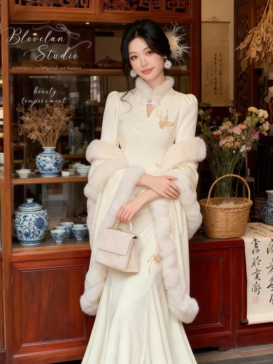 【白羽玲珑 】高级感新中式国风收腰鱼尾旗袍长裙保暖大斗篷两件套
