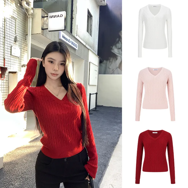 Moses Queen/魔西女王V领修身针织衫女初秋新款毛衣显瘦长袖上衣