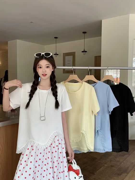 2025夏装新款胖mm大码女波浪木耳边不对称短袖T恤上衣21767