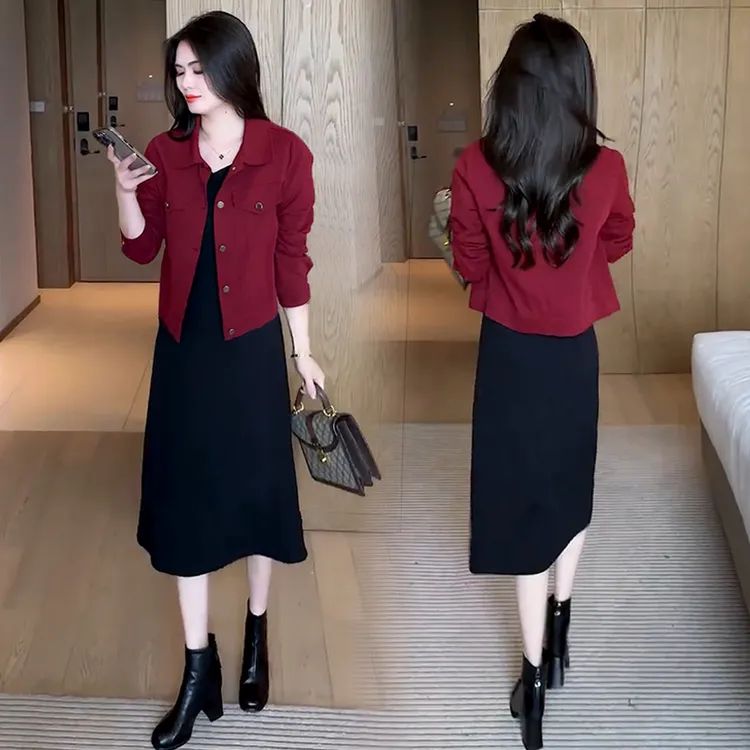 时尚休闲套装裙女2025春季新款短款牛仔外套中长款连衣裙两件套潮