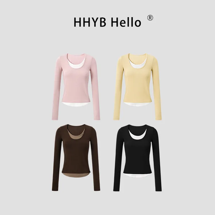 HHYB Hello设计感撞色假两件拼接上衣女2025秋圆领长袖打底250626