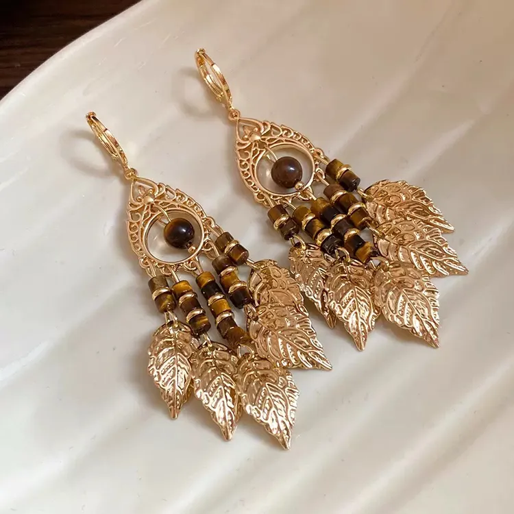 铜合金耳饰 美拉德树叶流苏耳环女复古民族风小众高级感耳坠