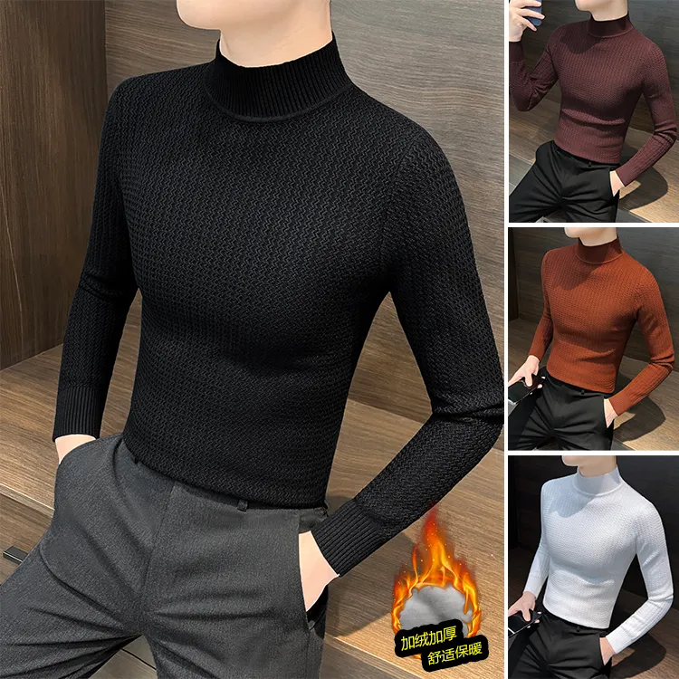 加绒加厚半高领毛衣男款秋冬季保暖针织T恤衫条纹男士内搭打底衫