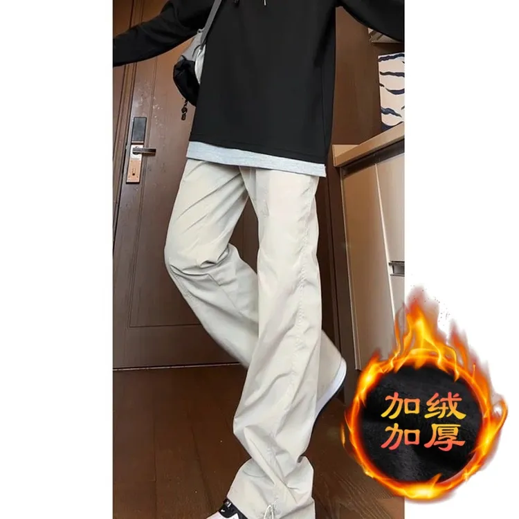 美式cleanfit杏色斜切休闲裤男冬季加绒加厚工装裤宽松保暖裤子