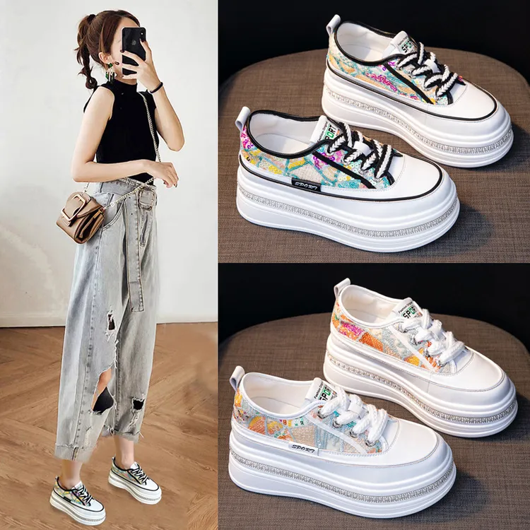 真皮小白鞋女厚底2025新款亮片单网透气内增高松糕鞋百搭休闲板鞋