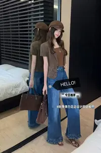 小雅姐姐  秋季复古花边设计垂感直筒阔腿牛仔裤KD91