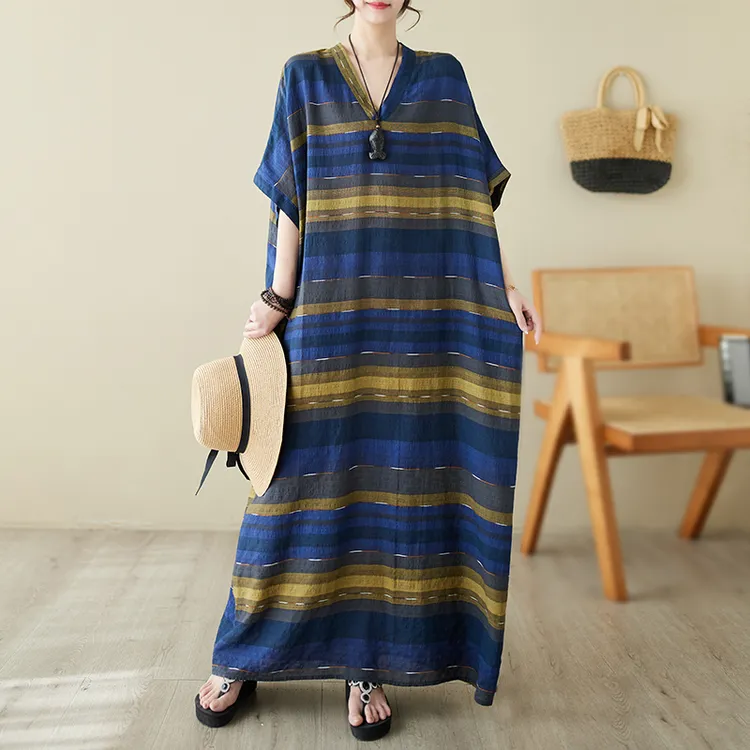 外贸夏季V领大码胖MM薄棉麻宽松文艺休闲连衣裙女条纹沙滩裙袍子