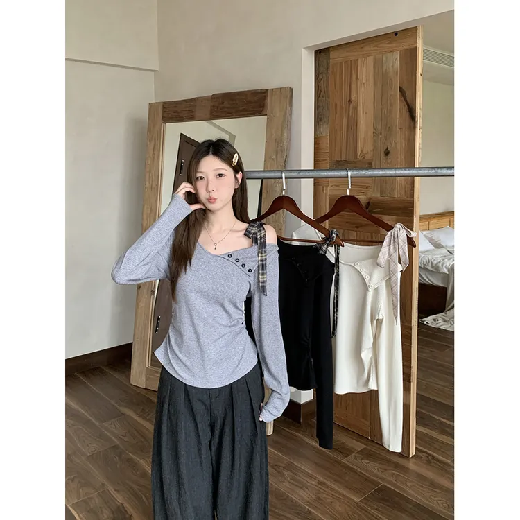 独特辣妹露肩灰色长袖T恤女早秋2025新款大码胖mm收腰打底衫上衣