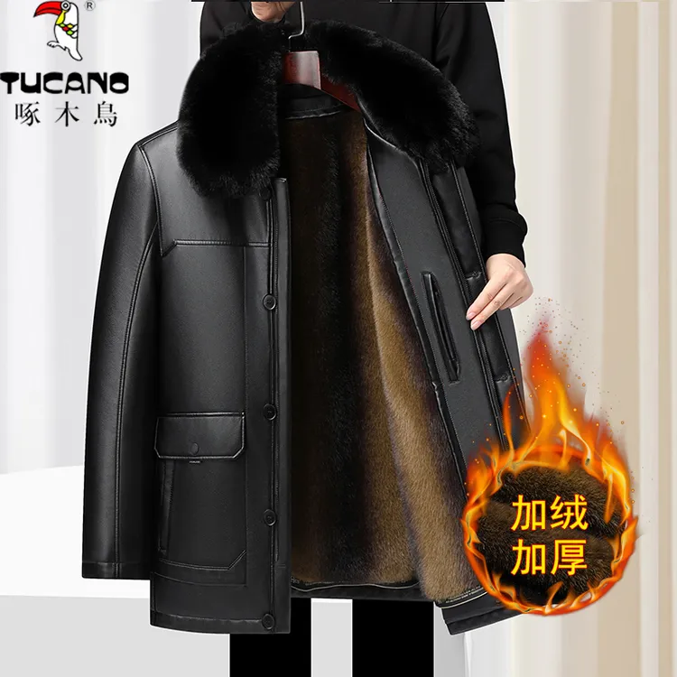 TUCANO/啄木鳥中老年男士皮衣外套可脱卸内胆中长款冬季爸爸外套