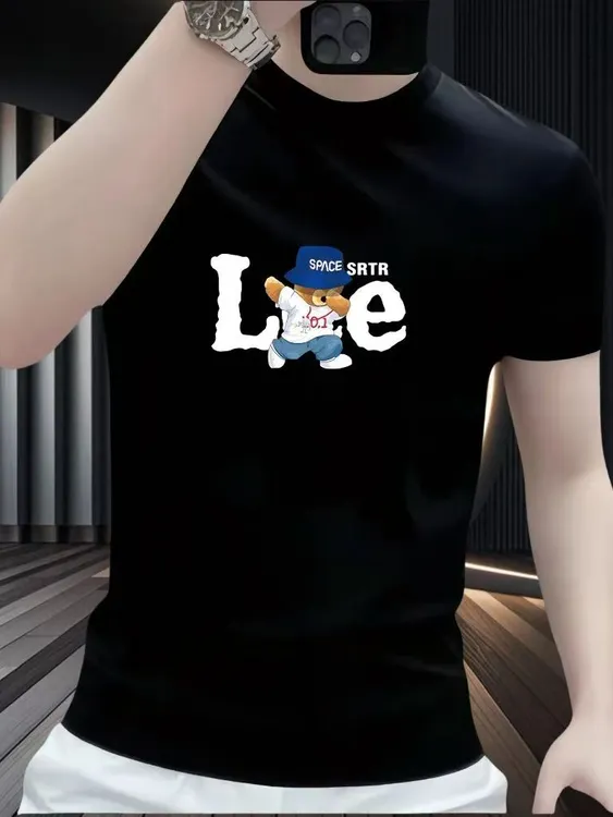 新款百搭潮牌T恤男重磅弹力短袖高街设计感修身痞帅半袖印花t恤