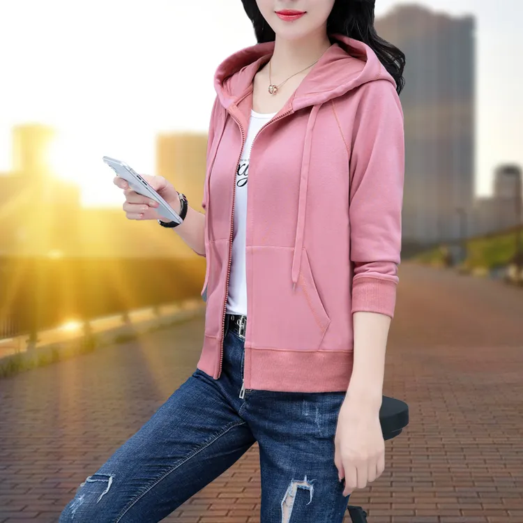 春季短款连帽纯色大码短外套时尚洋气运动百搭通勤舒适上衣女士
