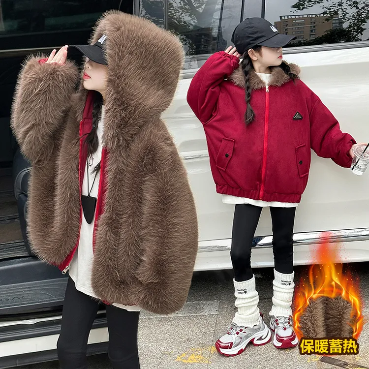 女童加厚红色年服派克服6-15岁小女孩外套冬款洋气韩版时尚两面穿