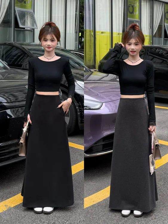 （口袋长裙）秋冬A字加长裙半身裙气质伞裙高腰垂感显瘦长裙