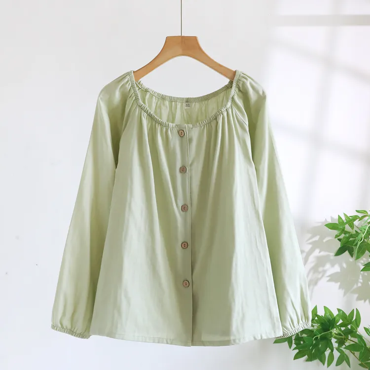 双层纯棉纱布睡衣女款夏季薄款上衣单件全棉麻简约纯色长袖家居服