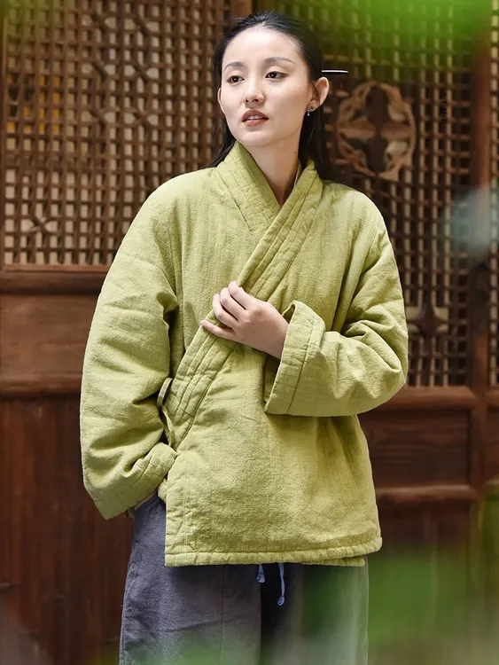 武当山道袍改良居士服禅意斜襟系绳禅修服绿色长袖保暖加绒上衣女