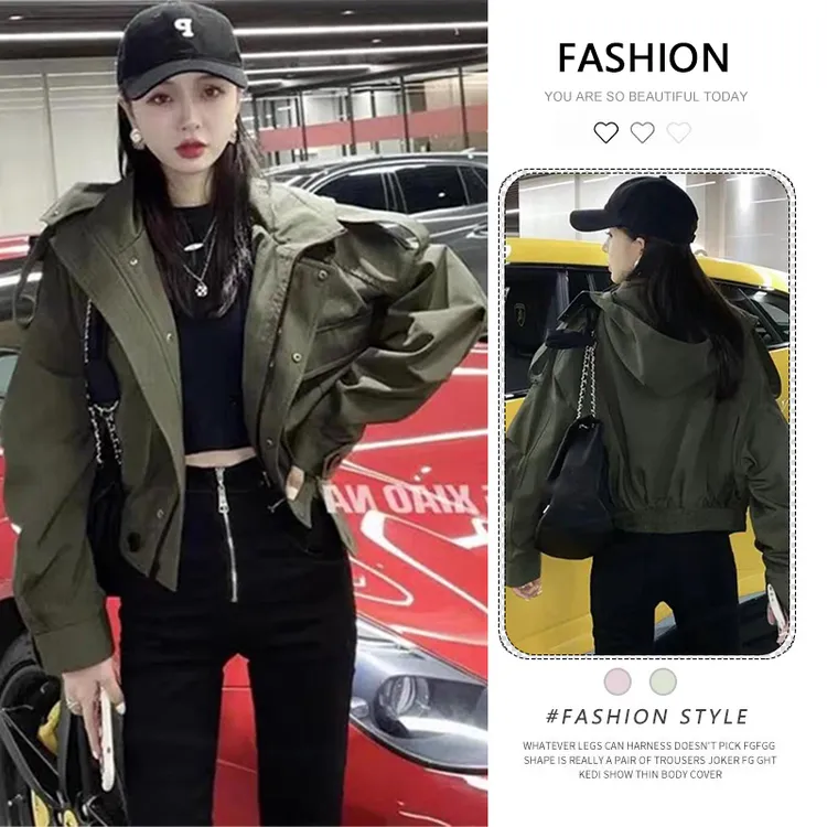 欧货设计感短款军绿色风衣外套女2025早春秋新款小个子棒球服夹克