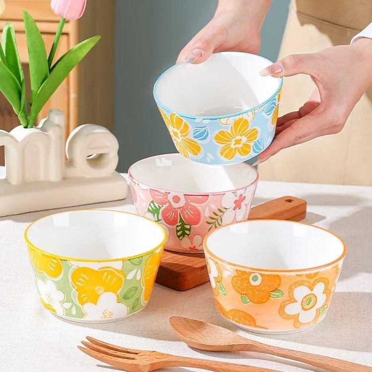 【4只装混装】田园花语4.7英寸饭碗四色家用陶瓷餐具网红高温釉下彩