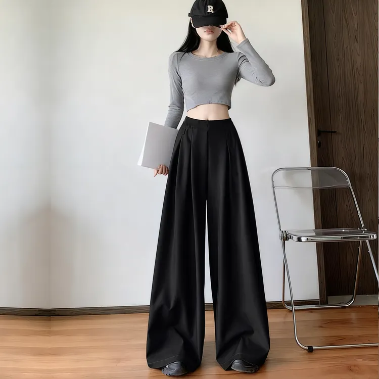 加绒加厚冬季阔腿裤高腰显瘦百搭休闲裤黑色垂感气质裤子女