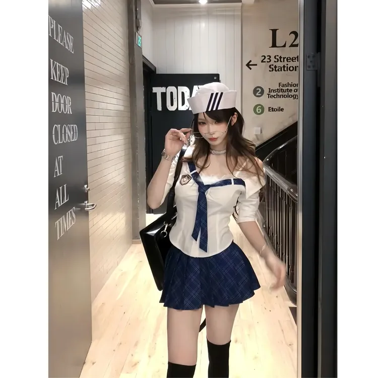 美式辣妹  夏季纯欲风甜美可爱学院风格纹显瘦套装出游约会两件套