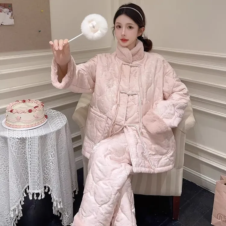 国风三层夹棉珊瑚绒睡衣女款冬季加绒加厚甜可外穿家居服套装