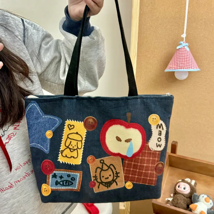 藏青苹果帆布包妈咪包上班上课百搭通勤包包ins手提袋上班专用