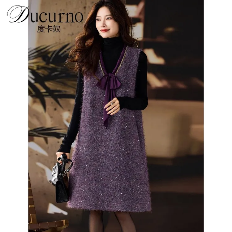 气质小香风蝴蝶结连衣裙女2025年冬季新款时尚洋气百搭大码裙子