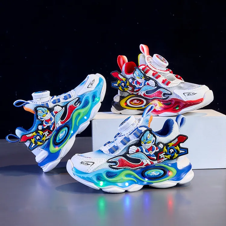 男童鞋子春秋新款带灯奥特曼运动鞋中小童防滑软底网布儿童跑步鞋