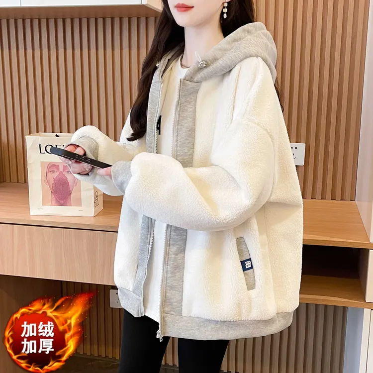 冬秋季拉链拼接卫衣加厚学生2025拼色女装外套大码加绒连帽卫衣
