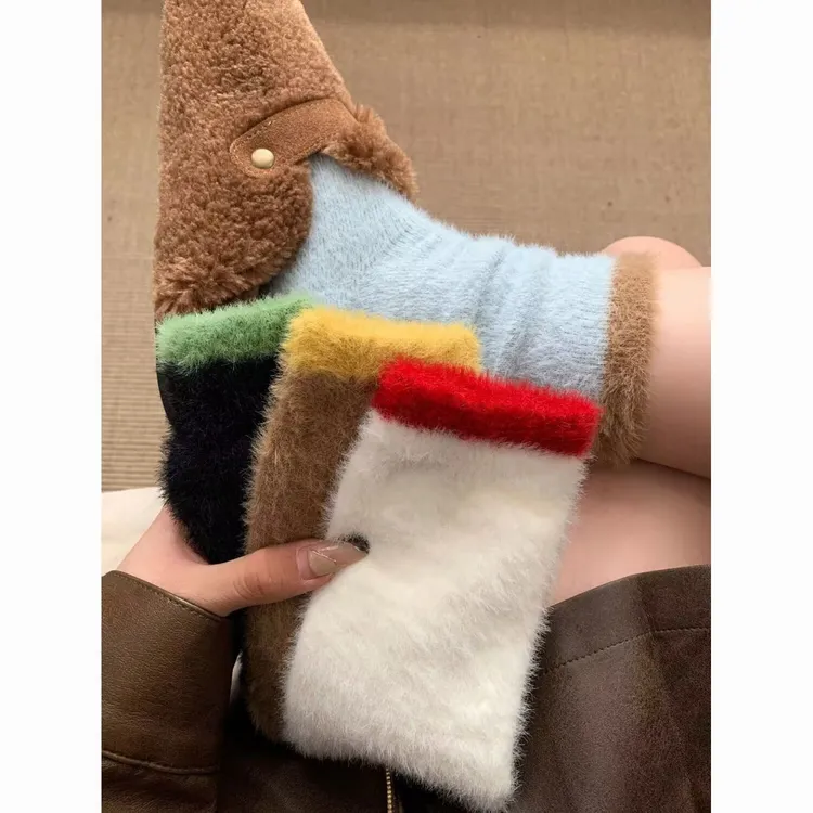 日系拼色水貂绒袜子女秋冬保暖撞色堆堆袜加绒加厚中筒袜月子运xx