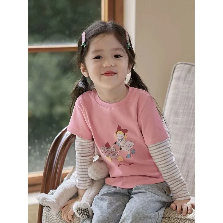 巴拉巴拉男孩女孩儿童纯棉长袖t恤女童春秋拼接袖上衣女孩休闲卫