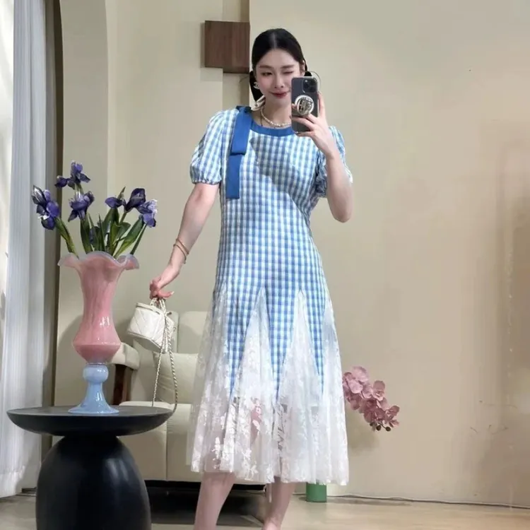 DD【蓝眼泪】连衣裙女长款名媛设计感格子显瘦网纱千金夏季长裙子