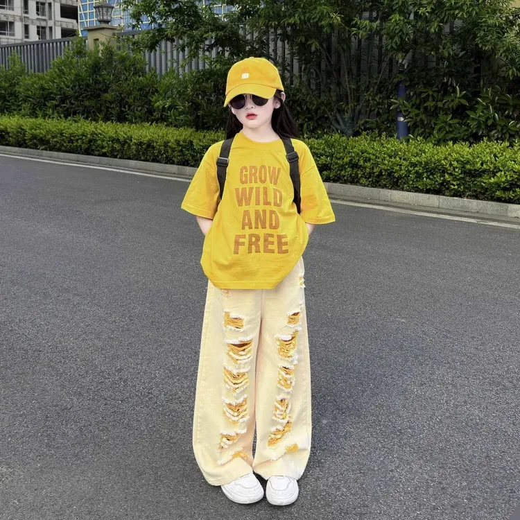 2025女童韩版夏季套装儿童新款洋气宽松T恤破洞牛仔裤薄款两件套