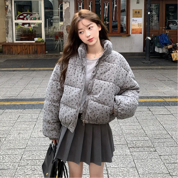复古甜美风短款碎花羽绒棉服女2025年冬季时尚立领保暖面包服外套