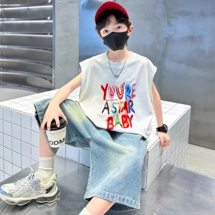 男童夏季套装2025新款大童男孩儿童宽松洋气时髦无袖背心夏装薄款