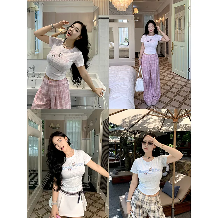 肉装小cherry 萌绘甜潮 正肩微胖圆领可爱kitty字母绣花弧形摆T恤