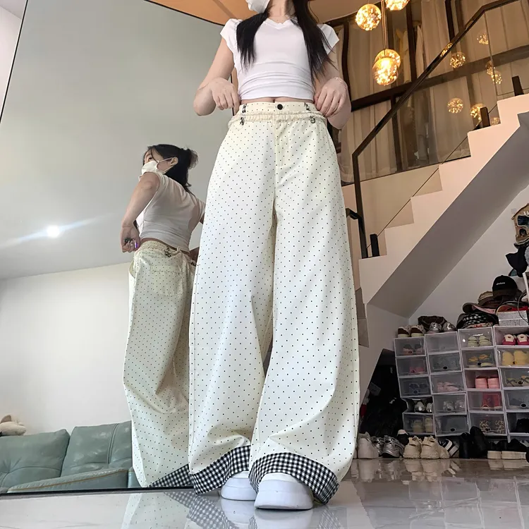 韩系减龄波点花边拼接直筒裤女夏季新款高腰百搭阔腿裤牛仔长裤子