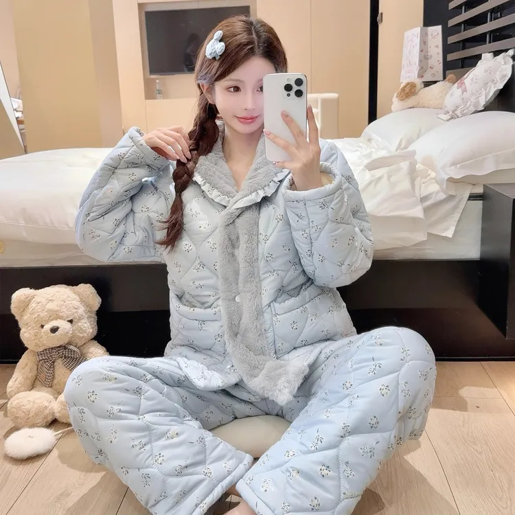 三层夹棉睡衣女冬季毛绒加绒加厚碎花珊瑚绒保暖家居服可外穿套装